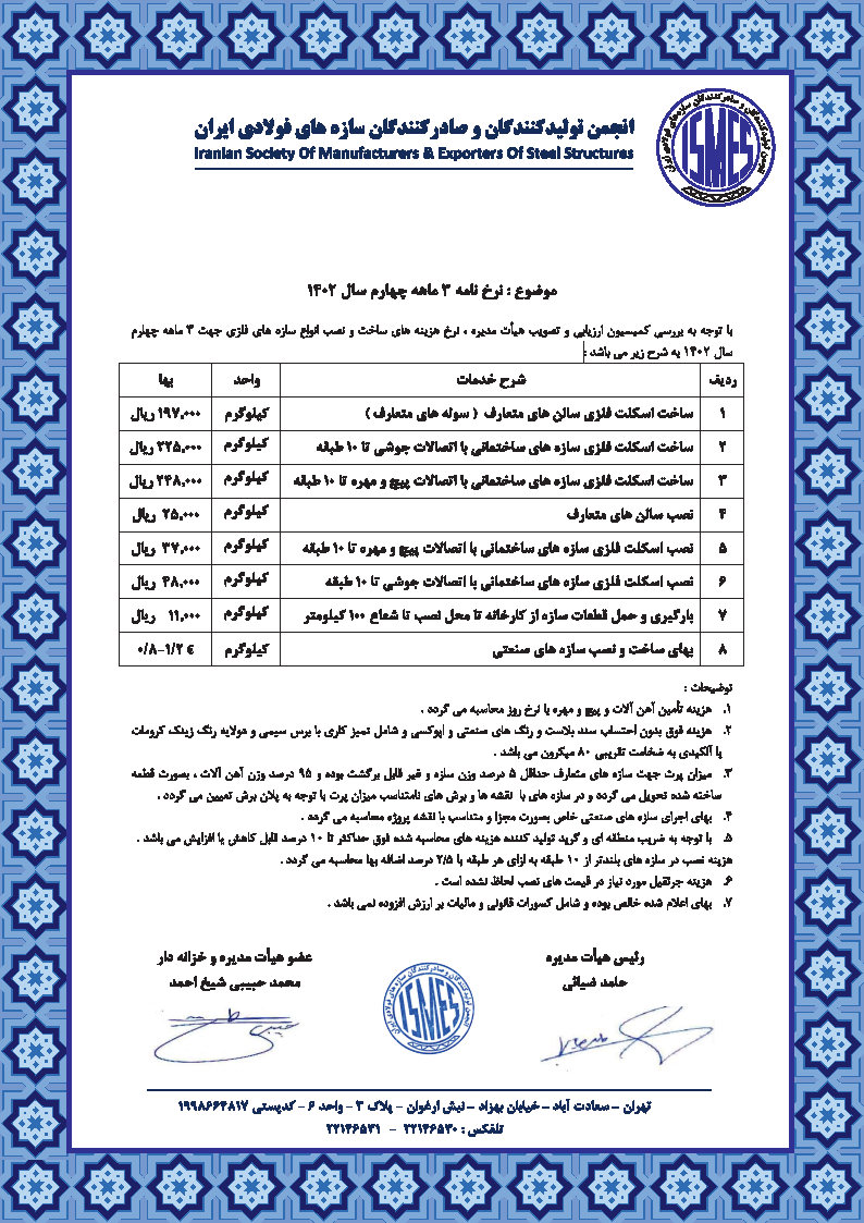 نرخنامه سه ماهه چهارم سال 1402-